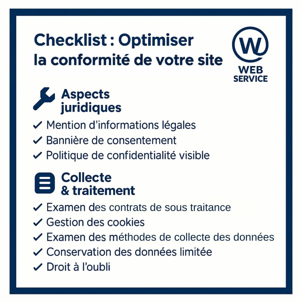 Checklist de mise en conformité RGPD pour site internet : mentions légales, cookies, politique de confidentialité et protection des données