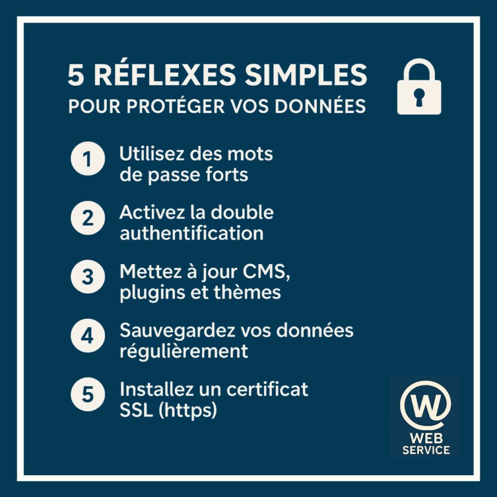 Illustration présentant 5 conseils simples pour protéger les données d’un site web : mots de passe forts, double authentification, mises à jour du CMS, sauvegardes régulières et certificat SSL (https).