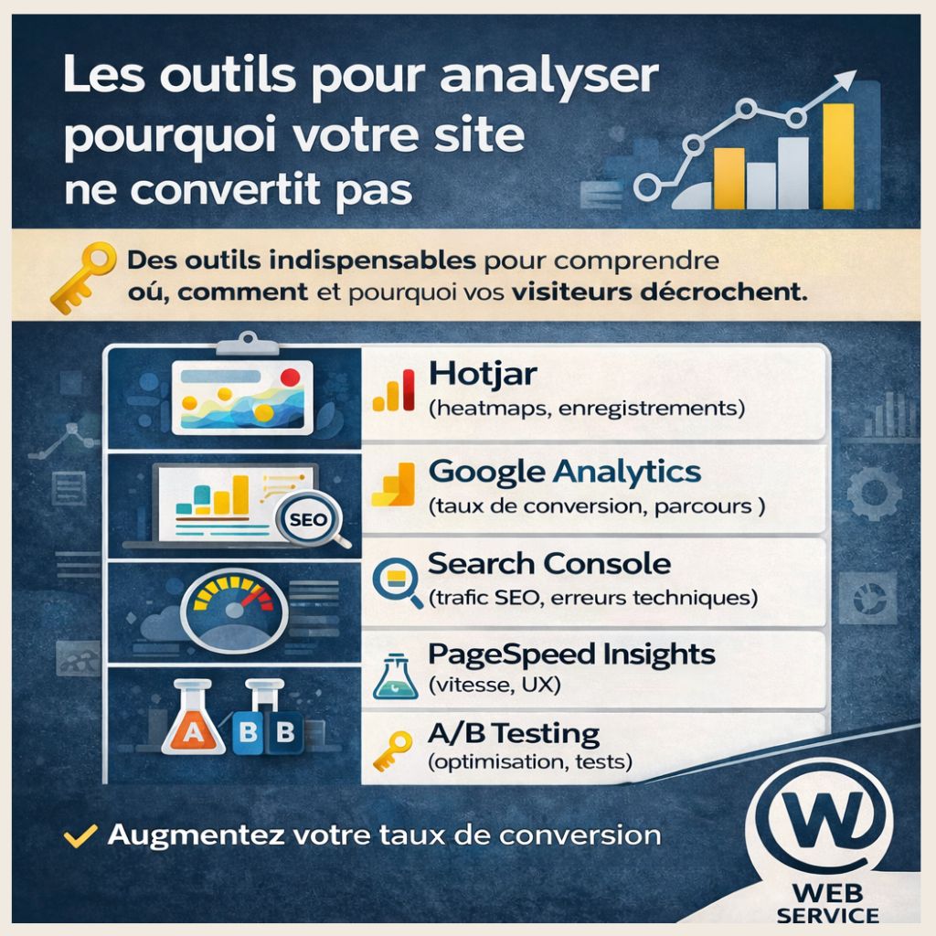 Outils pour analyser pourquoi un site ne convertit pas : Hotjar, Google Analytics, Search Console, PageSpeed et A/B testing